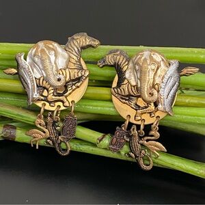 Unique Vintage Handmade Gold-tone Noah’s Ark Theme Animals Post Earrings 17g